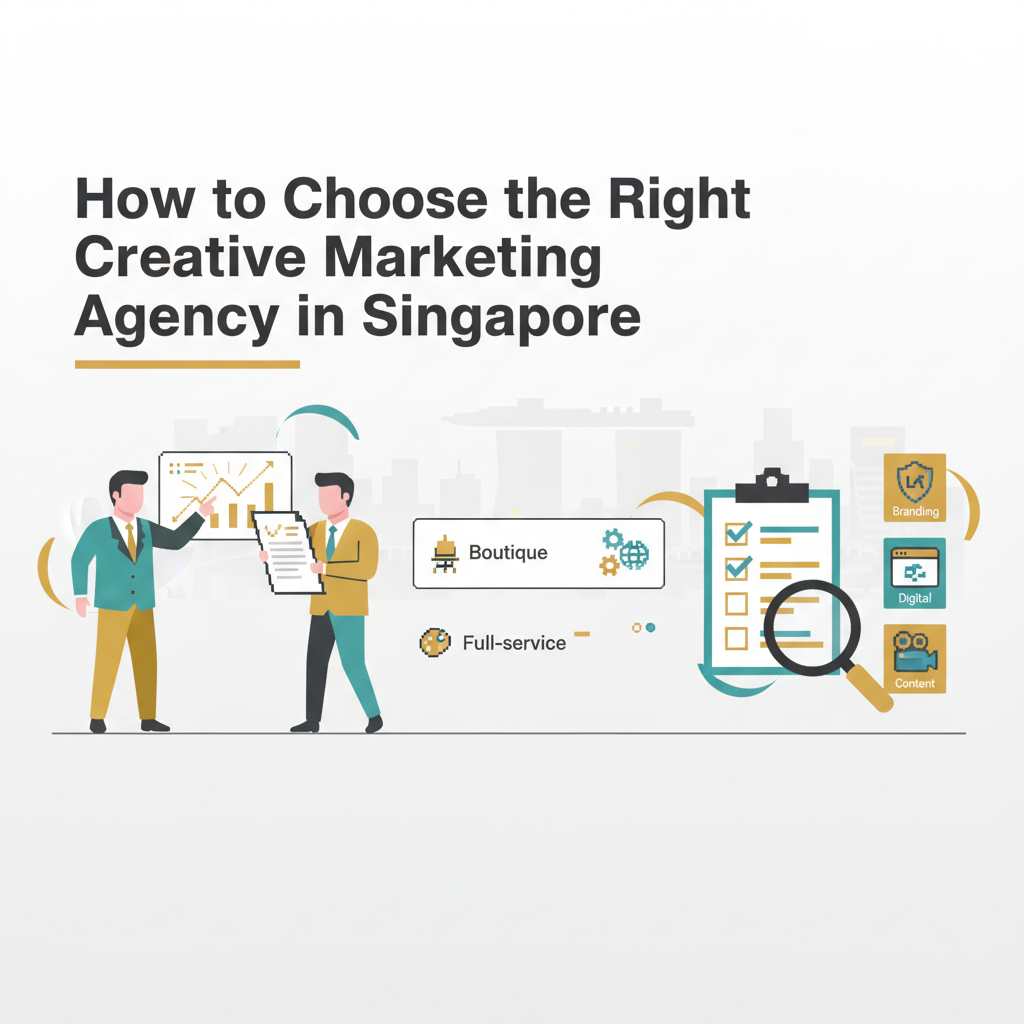 Clean, modern blog header showing two pixel-art human characters (one pointing at a dashboard, one holding a checklist), Singapore skyline silhouette in the background, comparison cards labeled Boutique vs Full-service, icons for Branding/Digital/Content, and a small evaluation checklist—title top-centre: "How to Choose the Right Creative Marketing Agency in Singapore".