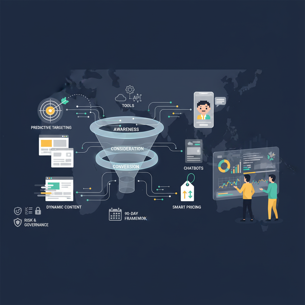 AI marketing concept illustration with data-driven creatives and marketing dashboards