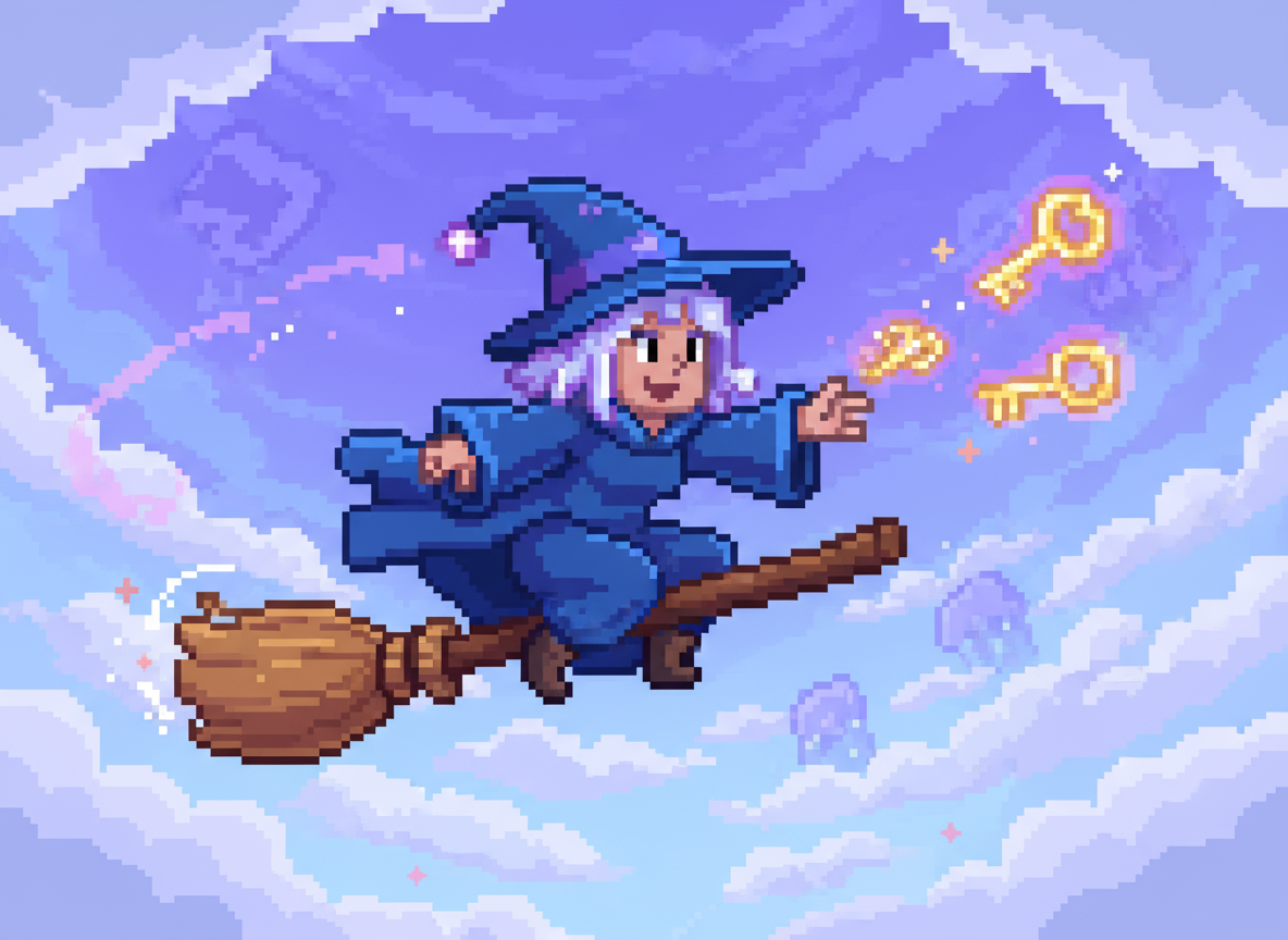 Pixel art of a whimsical human keyword researcher flying on a broomstick through a magical sky, reaching for floating glowing keys, with dreamy clouds and a palette of #6155fe, purples, and gold. No direct Harry Potter references.
