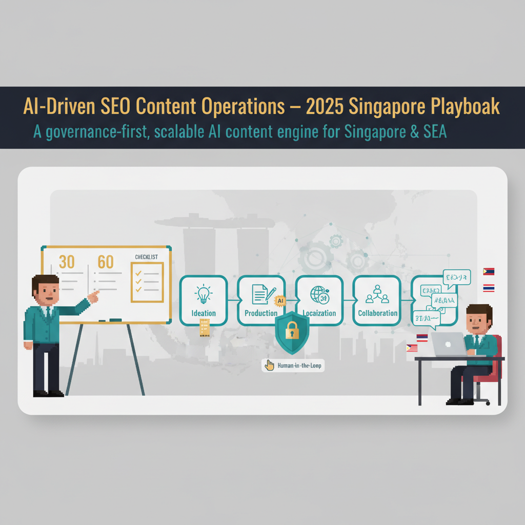 AI-driven SEO content operations Singapore 2025 playbook header showing lifecycle, governance shield, and subtle Singapore skyline