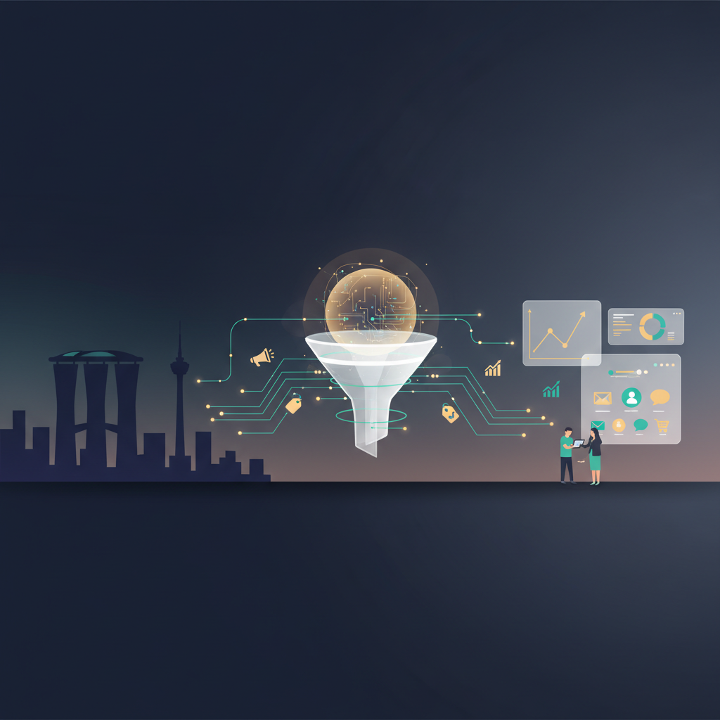 AI marketing in Singapore and Southeast Asia – abstract AI core, data-driven marketing funnel and Singapore skyline