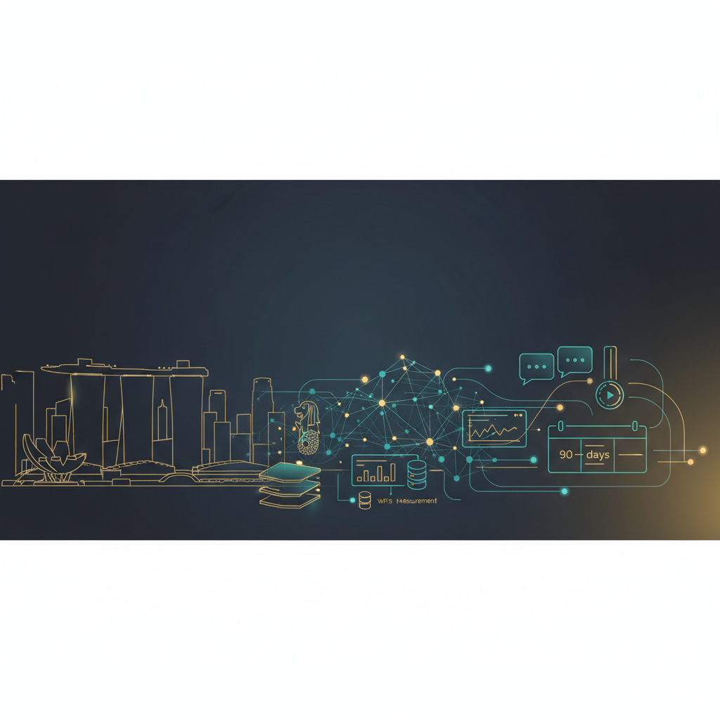 AI marketing playbook header image: minimalist Singapore skyline merging into neural network and marketing data icons, forward-looking 2025 theme, no text