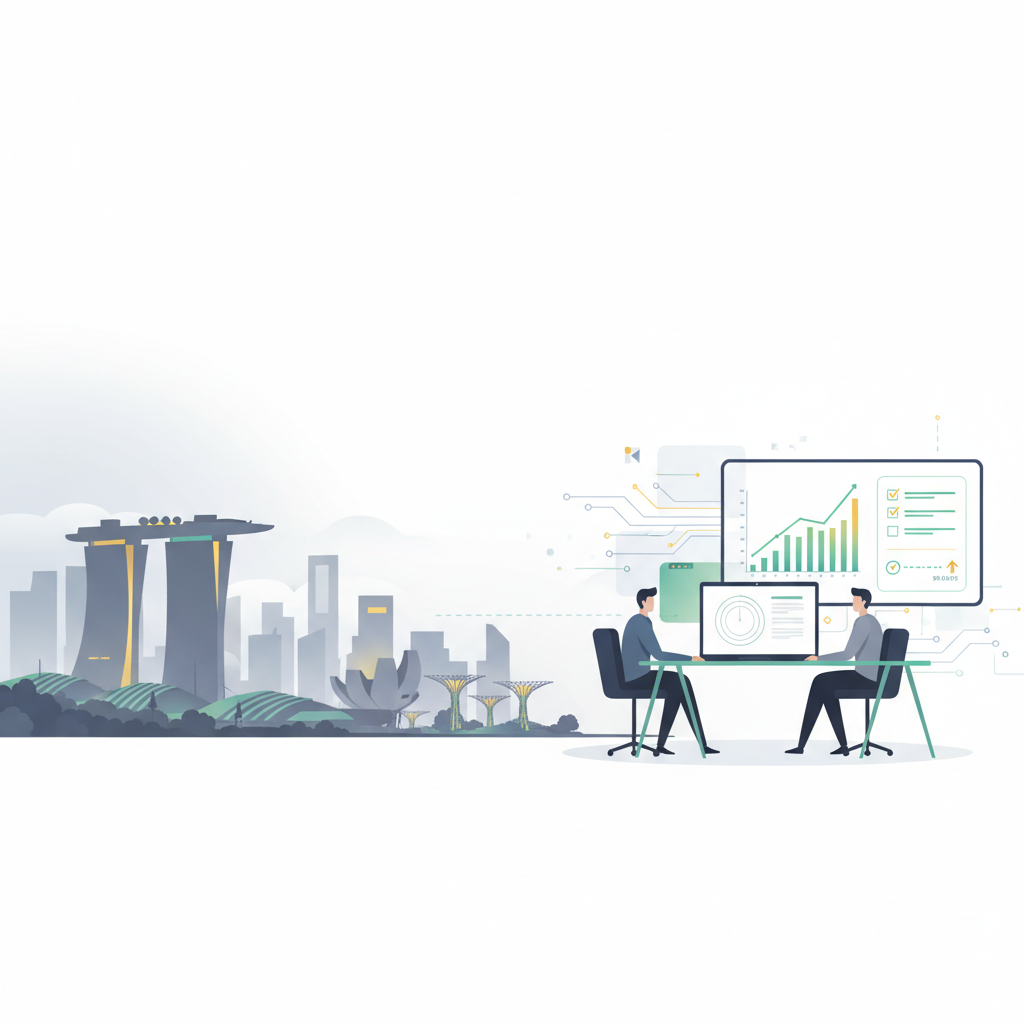 Header image: Singapore skyline, modern office with analytics dashboards and checklist