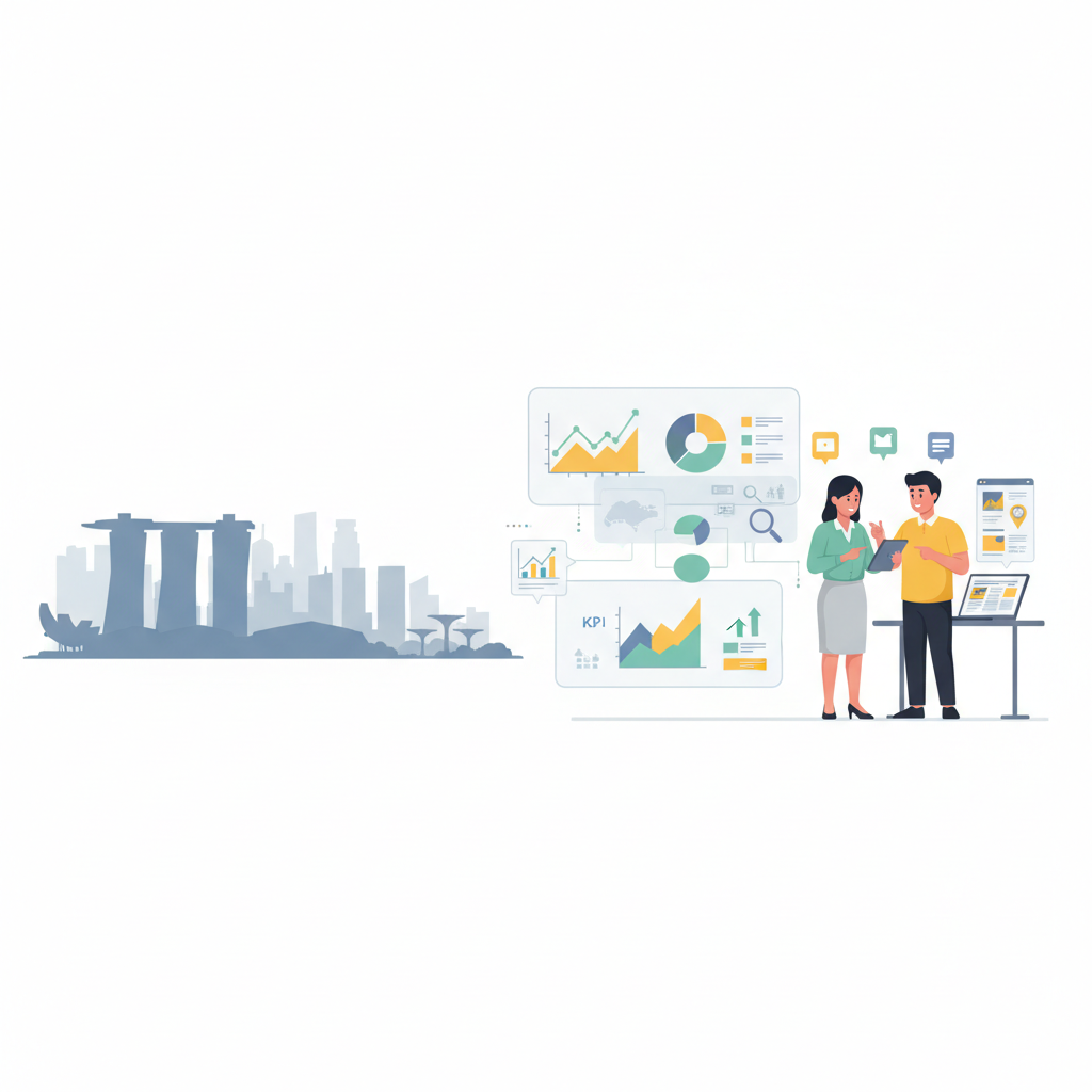 Modern, professional Singapore-focused header showing skyline, analytics dashboards, and two marketers collaborating with devices — no text