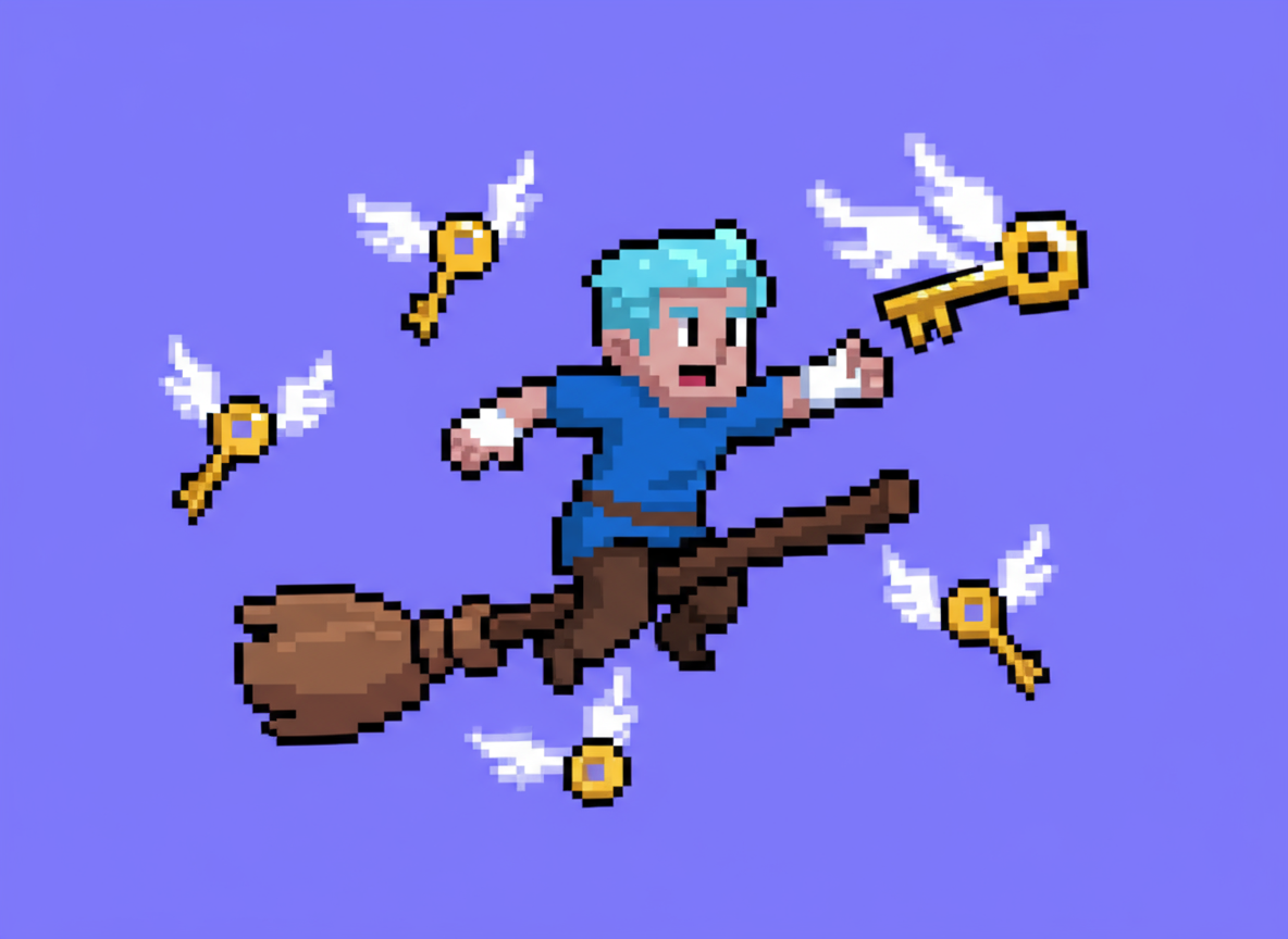 Pixel art of a whimsical human agent flying on a broomstick, reaching out to catch a flying key with wings, with several other winged keys floating around on a plain purple background. No hex codes or text.