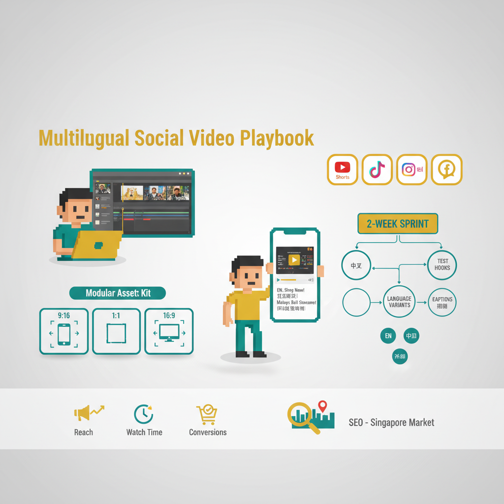 Multilingual social video production playbook for Singapore showing platform icons, 9:16/1:1/16:9 asset kit, and two-week sprint timeline