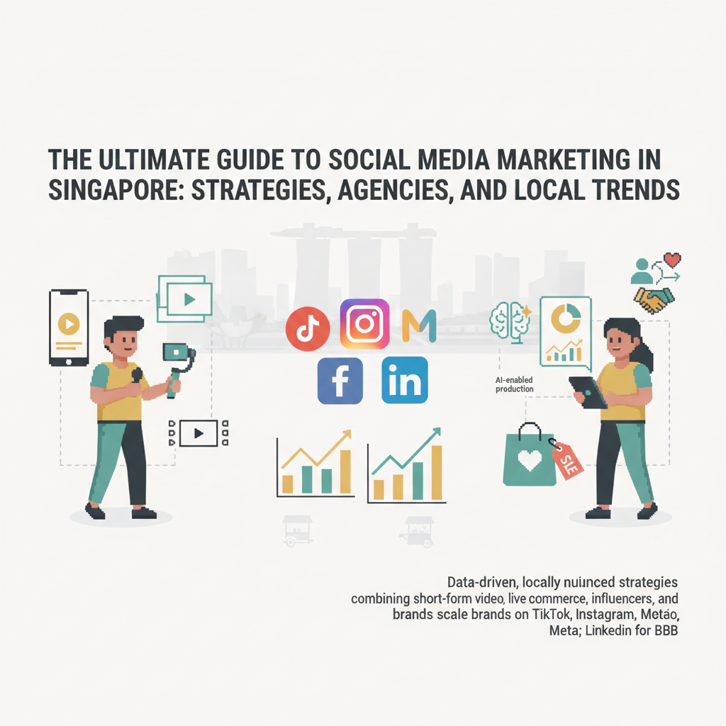 Social media marketing Singapore guide header — Singapore skyline, platform icons, analytics charts, AI and live commerce signals