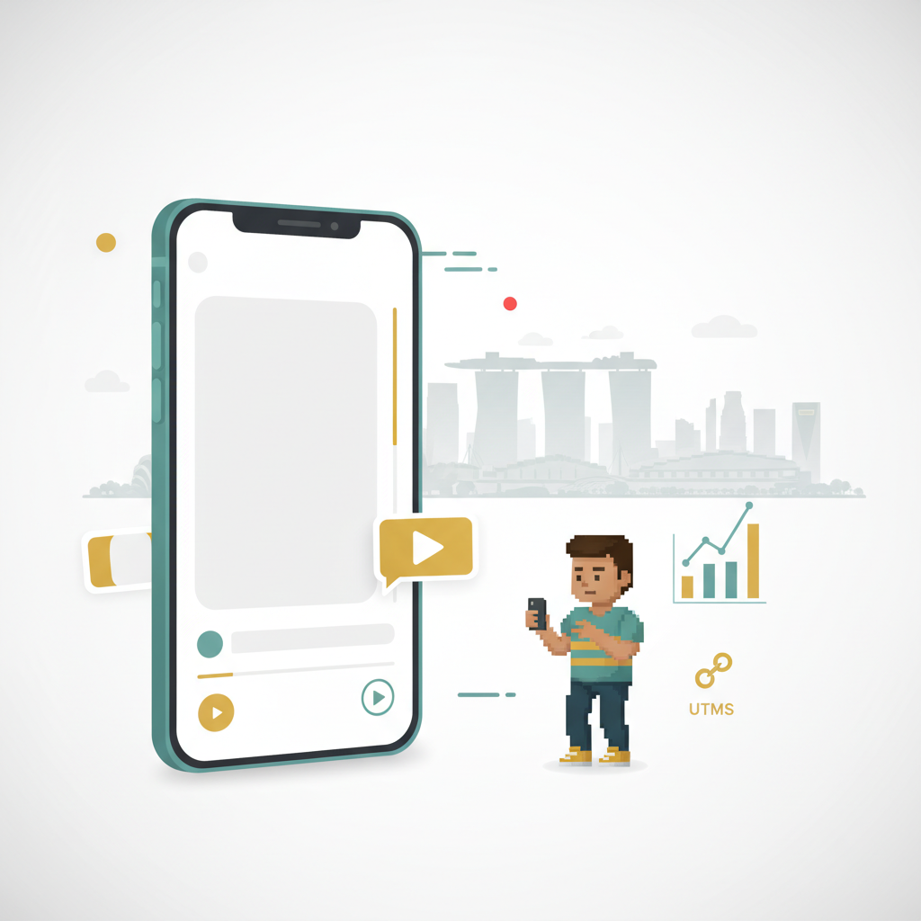 Singapore-branded mobile-first short-form video header visual with social UI cues and subtle skyline