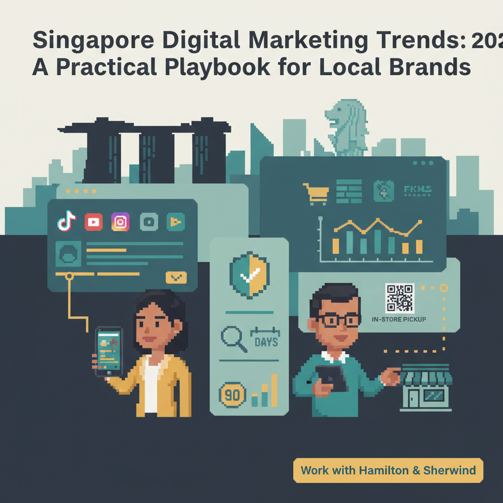 Singapore digital marketing trends 2025 header showing mobile-first behavior, Singapore skyline, social video, marketplace icons, QR journeys, trust/consent and analytics charts