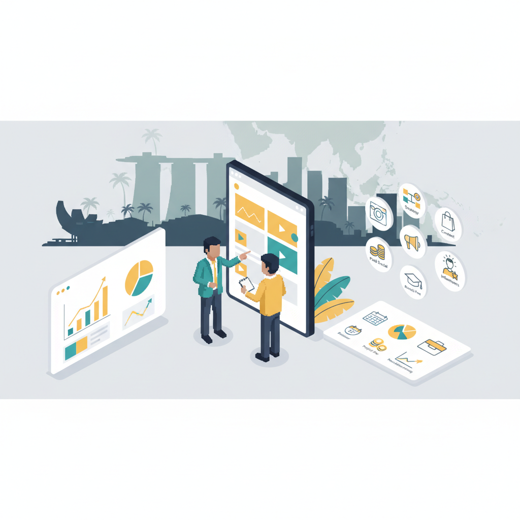 Modern header showing professionals reviewing social media analytics dashboards and campaign mockups with subtle Singapore and Southeast Asia cityscape accents