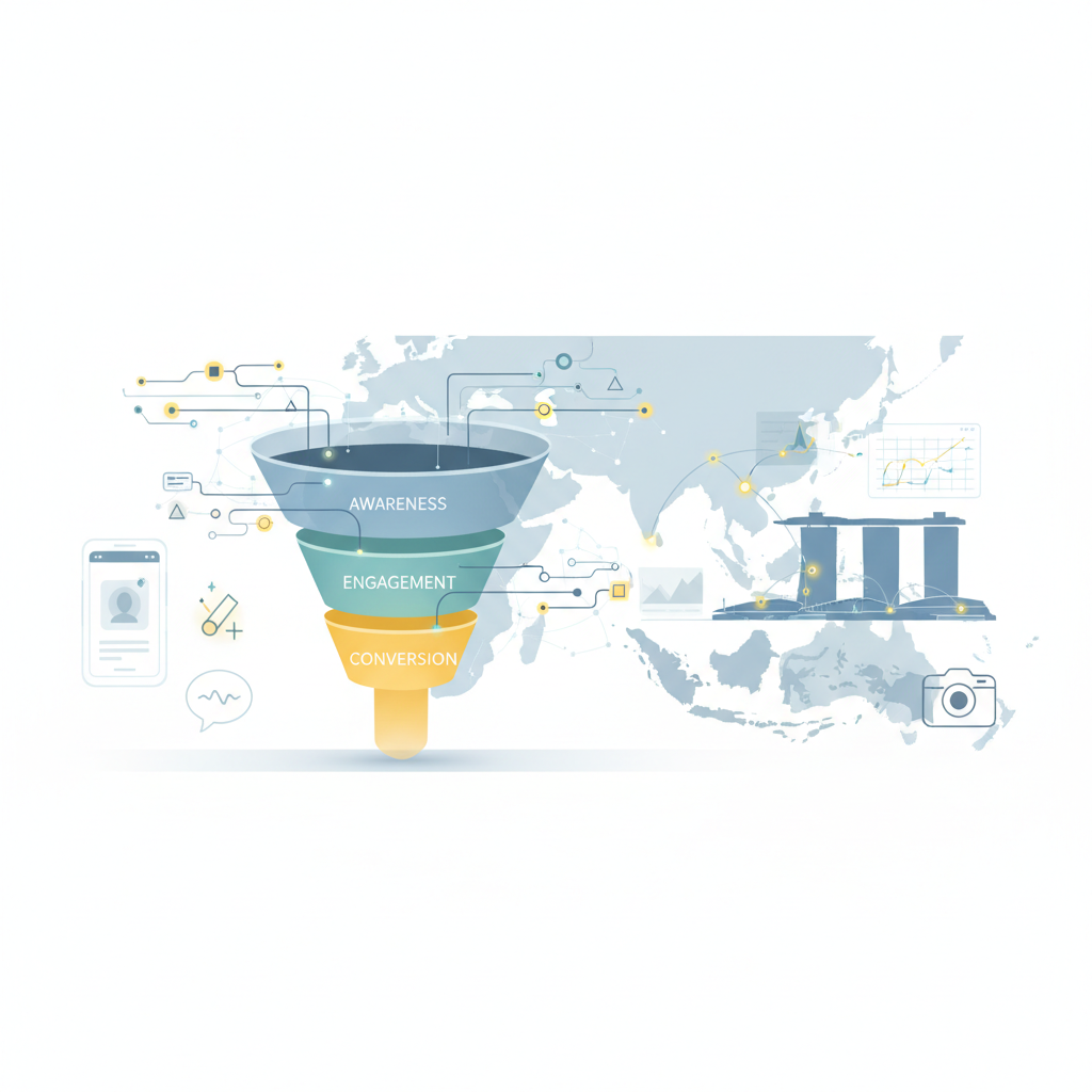 Clean modern vector header showing an abstract layered marketing funnel with flowing data streams and neural-network connections, floating UI elements (mobile recommendation card, NLP waveform, computer-vision icon), and a faint Southeast Asia motif with a Singapore skyline silhouette; warm yellow and muted teal accents, cool slate support colors, ample negative space, no text.