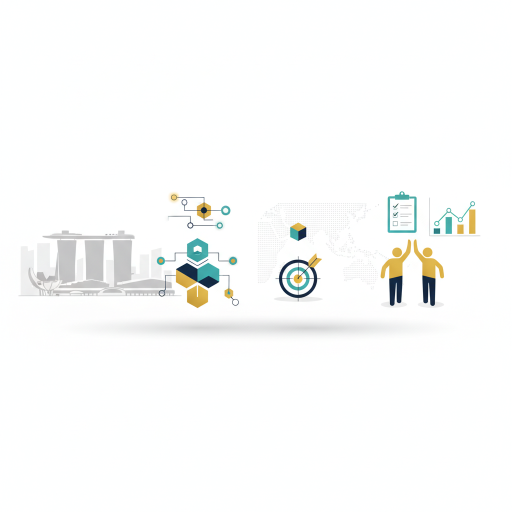 Abstract header for 'How to Choose the Right Branding Agency in Singapore' — modern, minimal vector design with Singapore skyline, strategy nodes, charts, and collaboration motifs; no text