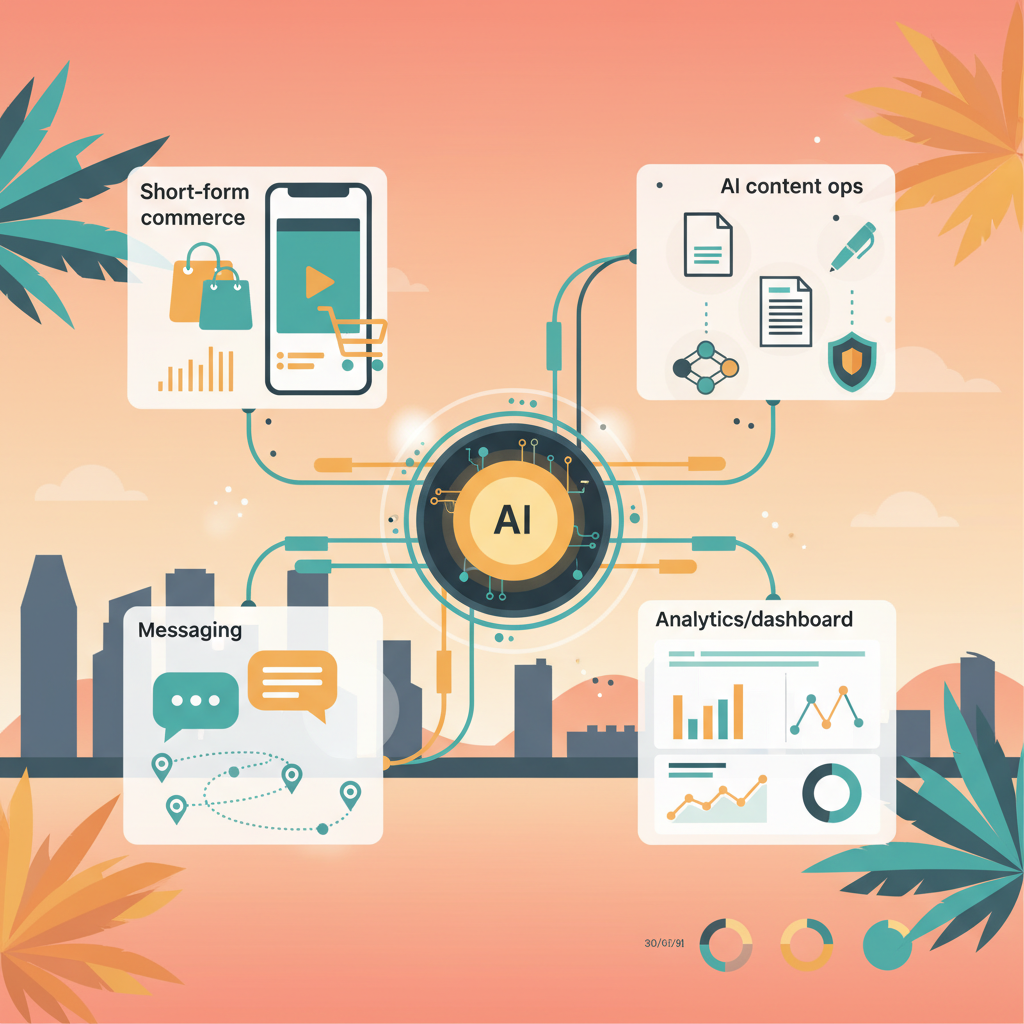 Singapore SME Marketing Playbook 2025: TikTok Shop, WhatsApp Business, and AI Content Operations header illustration showing AI hub connecting video commerce, chat journeys, and analytics