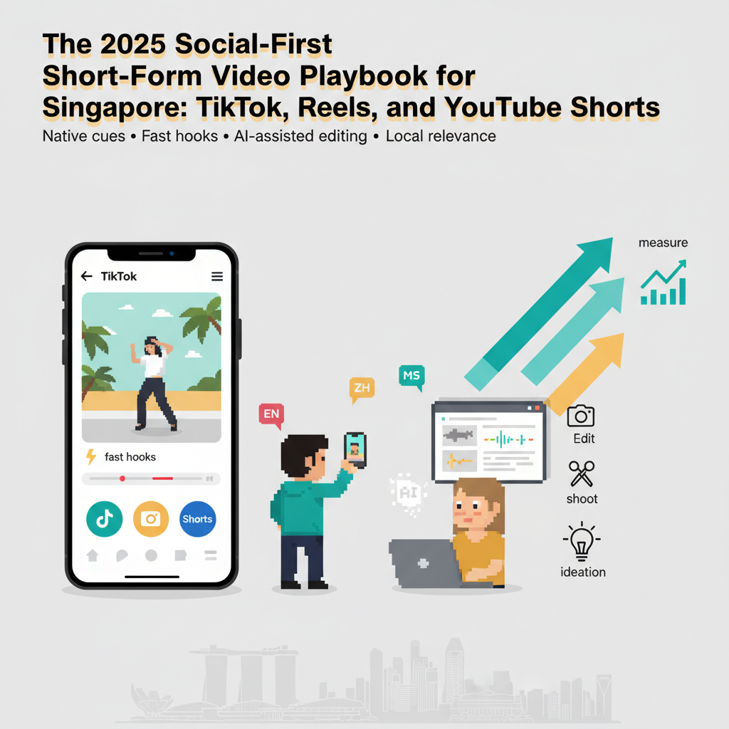 The 2025 Social-First Short-Form Video Playbook for Singapore: TikTok, Reels, and YouTube Shorts — vertical mobile video, creators, AI workflow icons, Singapore skyline