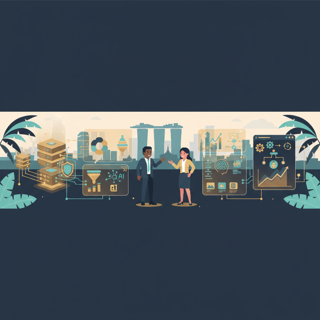 Landscape header depicting two pixel-art human characters interacting with glowing holographic marketing dashboards and floating data blocks, symbolising AI marketing strategy, data governance and autonomous optimisation for brands in Singapore and Southeast Asia.