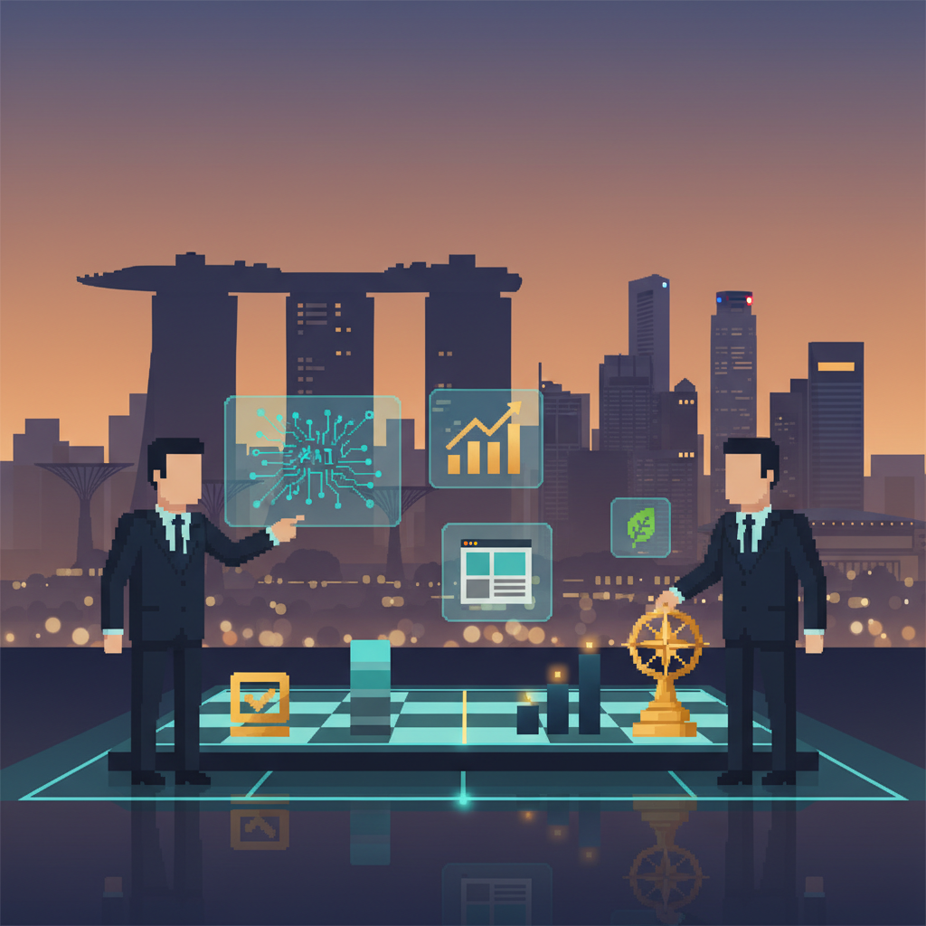 Strategic branding partnership in Singapore between business leaders and a creative agency, with KPIs, AI and sustainability icons against a modern skyline.