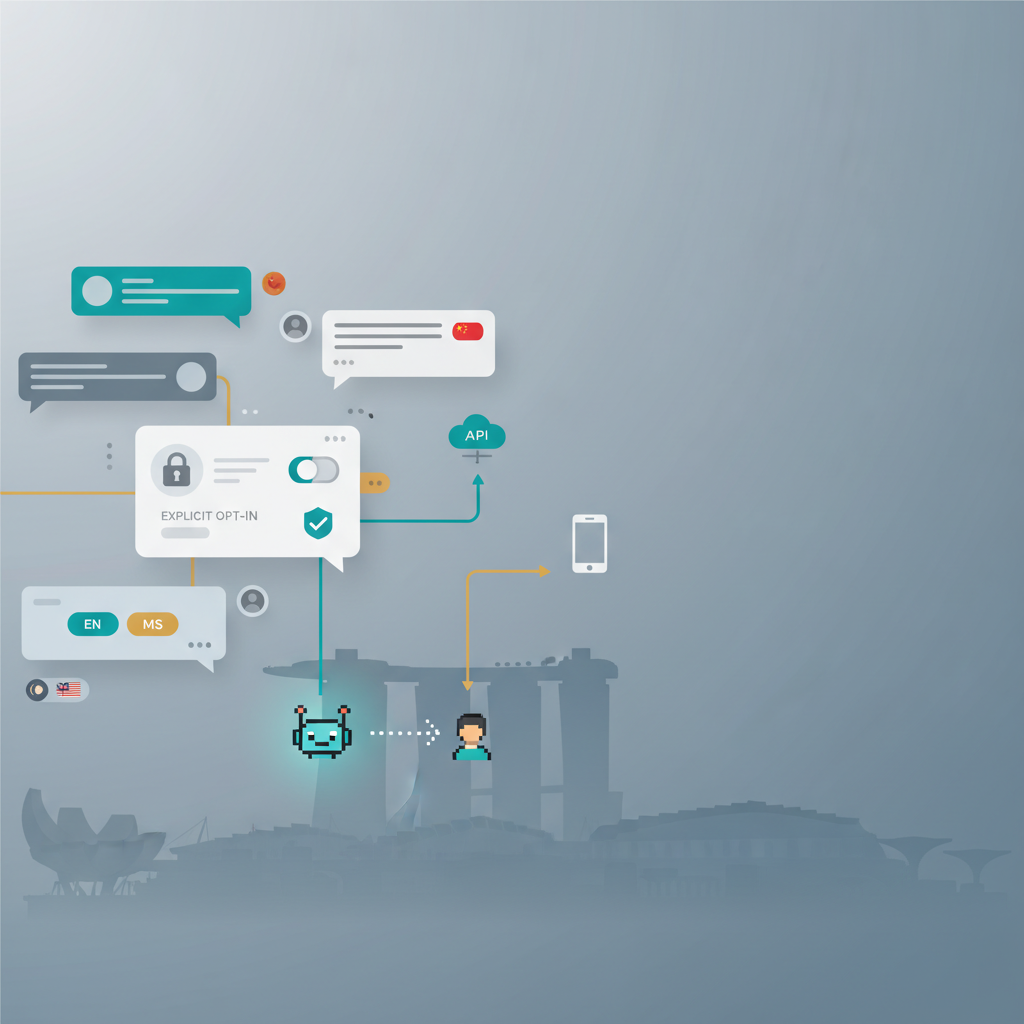 WhatsApp marketing in Singapore header with skyline, chat UI motifs, API vs App paths, automation-to-human handoff, multilingual hints