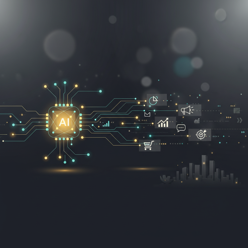 Abstract modern AI marketing header with neural core, flowing data streams and subtle marketing icons over a Singapore-inspired skyline