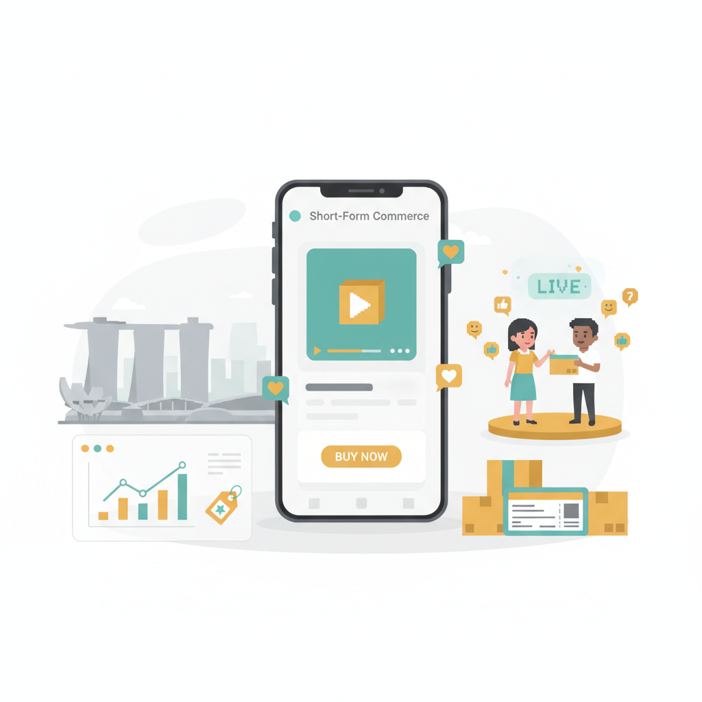 TikTok Shop marketing in Singapore playbook header image showing smartphone commerce interface, Singapore skyline, creators live-selling, and analytics widgets.