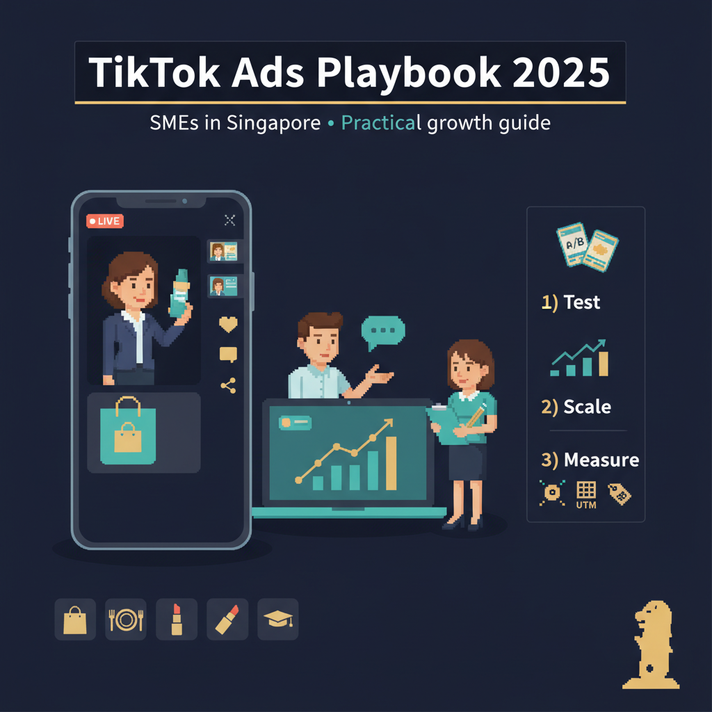 Blog header for TikTok Ads Playbook 2025 for SMEs in Singapore showing native creative, Live Shopping, growth dashboard and checklist