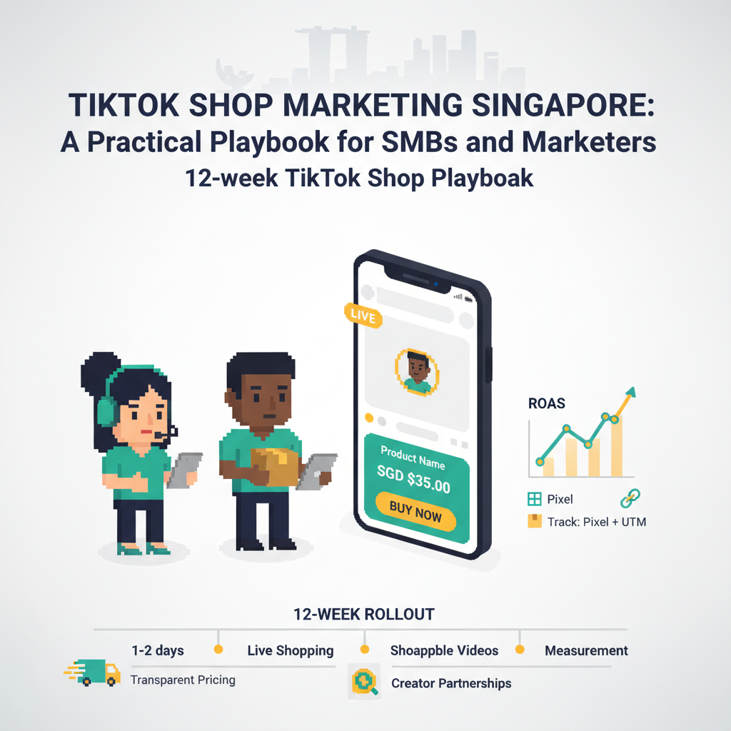 TikTok Shop marketing playbook for Singapore with shoppable video, creators, timeline, ROAS chart, Singapore skyline