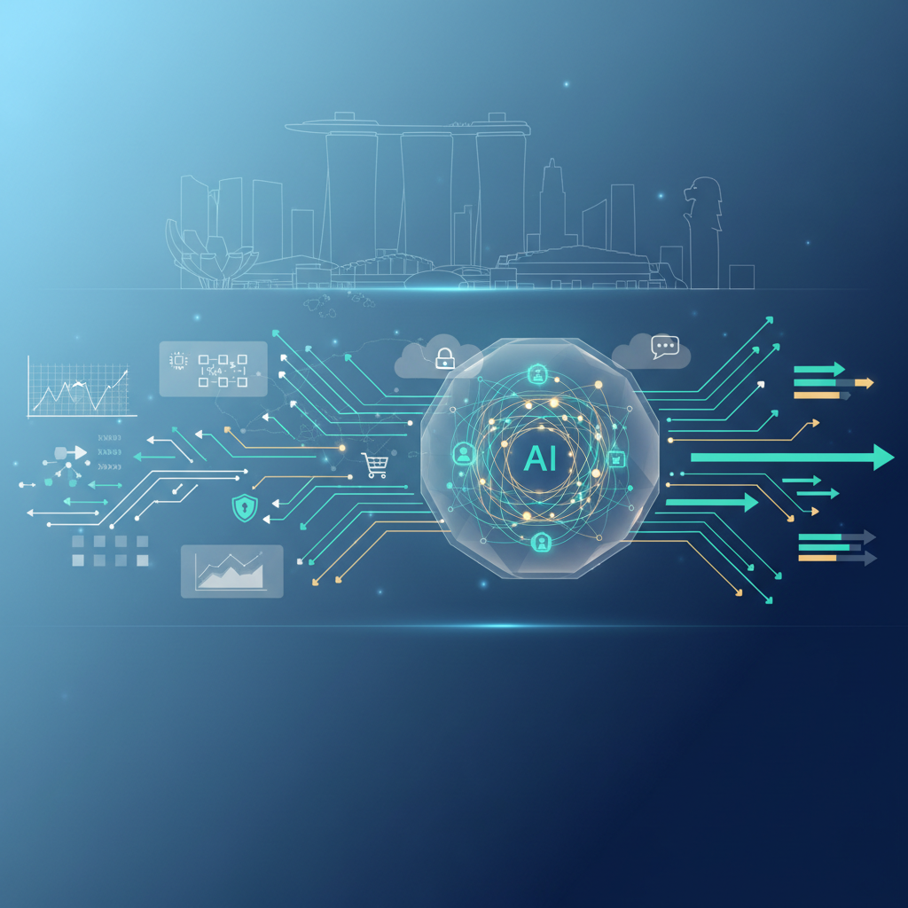 Abstract AI and data visual over Singapore skyline illustrating AI marketing in Singapore
