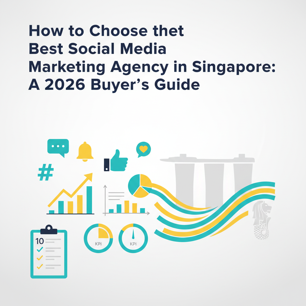 Clean modern header with abstract social media and analytics motifs, a stylized Singapore skyline and the article title about choosing the best social media marketing agency in Singapore in 2026.