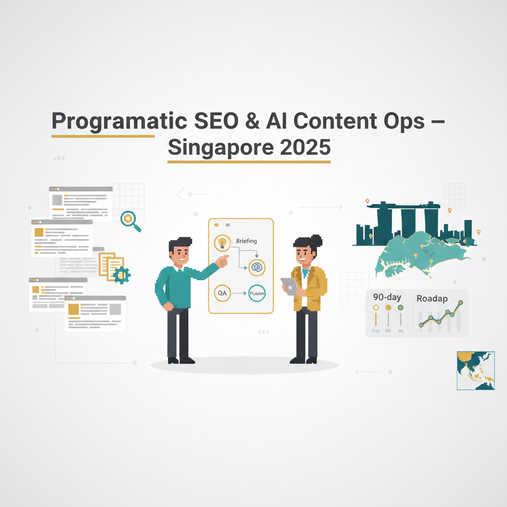Programmatic SEO & AI Content Ops — Singapore 2025 header featuring AI workflow, templated pages, and Singapore skyline