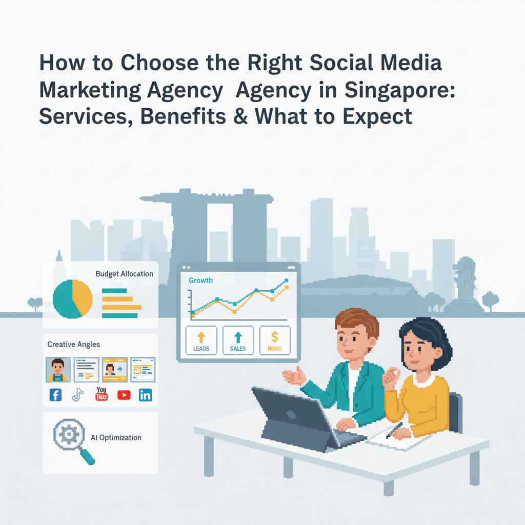 Modern, Singapore-centric blog header with Marina Bay skyline, KPI cards (leads, sales, ROAS), and platform icons for Meta, TikTok, YouTube, LinkedIn