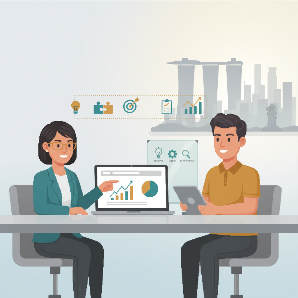 Header image showing a modern creative team collaborating in a Singapore office with skyline in background, symbolising partnership with a creative marketing agency in Singapore