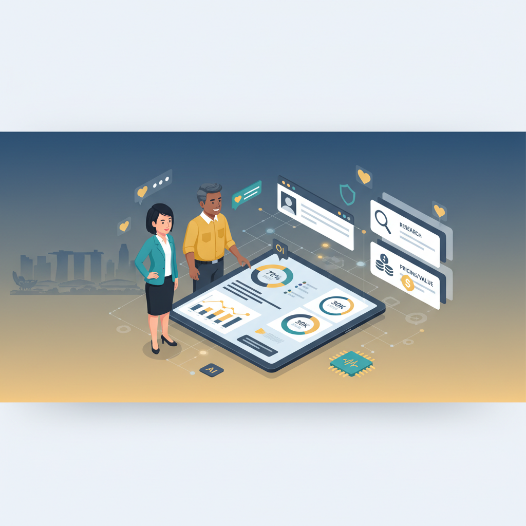 Blog header showing modern Singapore skyline with marketing professionals reviewing analytics dashboards, social media icons and AI-inspired visuals