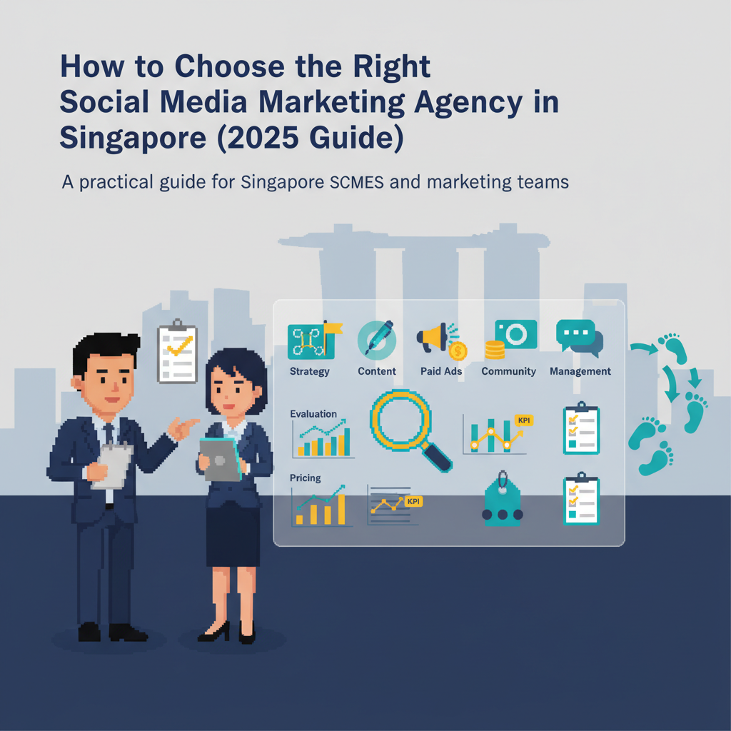 How to Choose the Right Social Media Marketing Agency in Singapore (2025 Guide) — header showing two professionals reviewing a social media performance dashboard with Singapore skyline in background