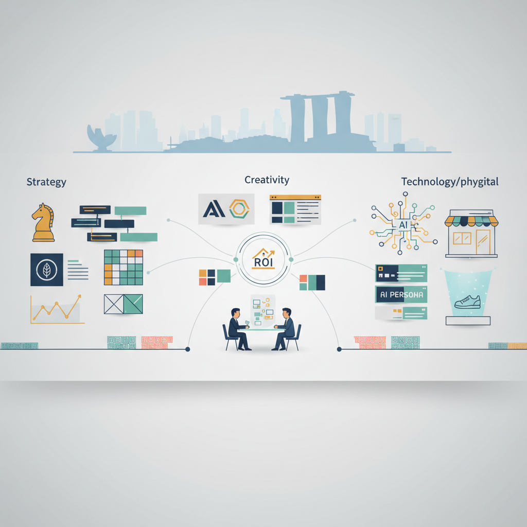 Strategic branding, creativity and AI-powered technology converging over a stylised Singapore skyline, representing choosing the best branding agency in Singapore