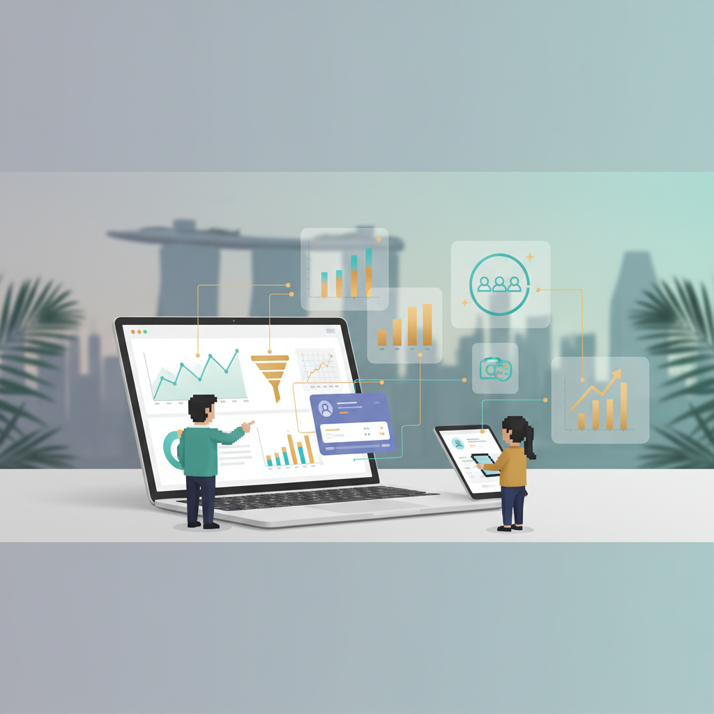 AI marketing in 2025 – Singapore and Southeast Asia brands using AI tools and dashboards in a modern workspace with subtle Singapore skyline