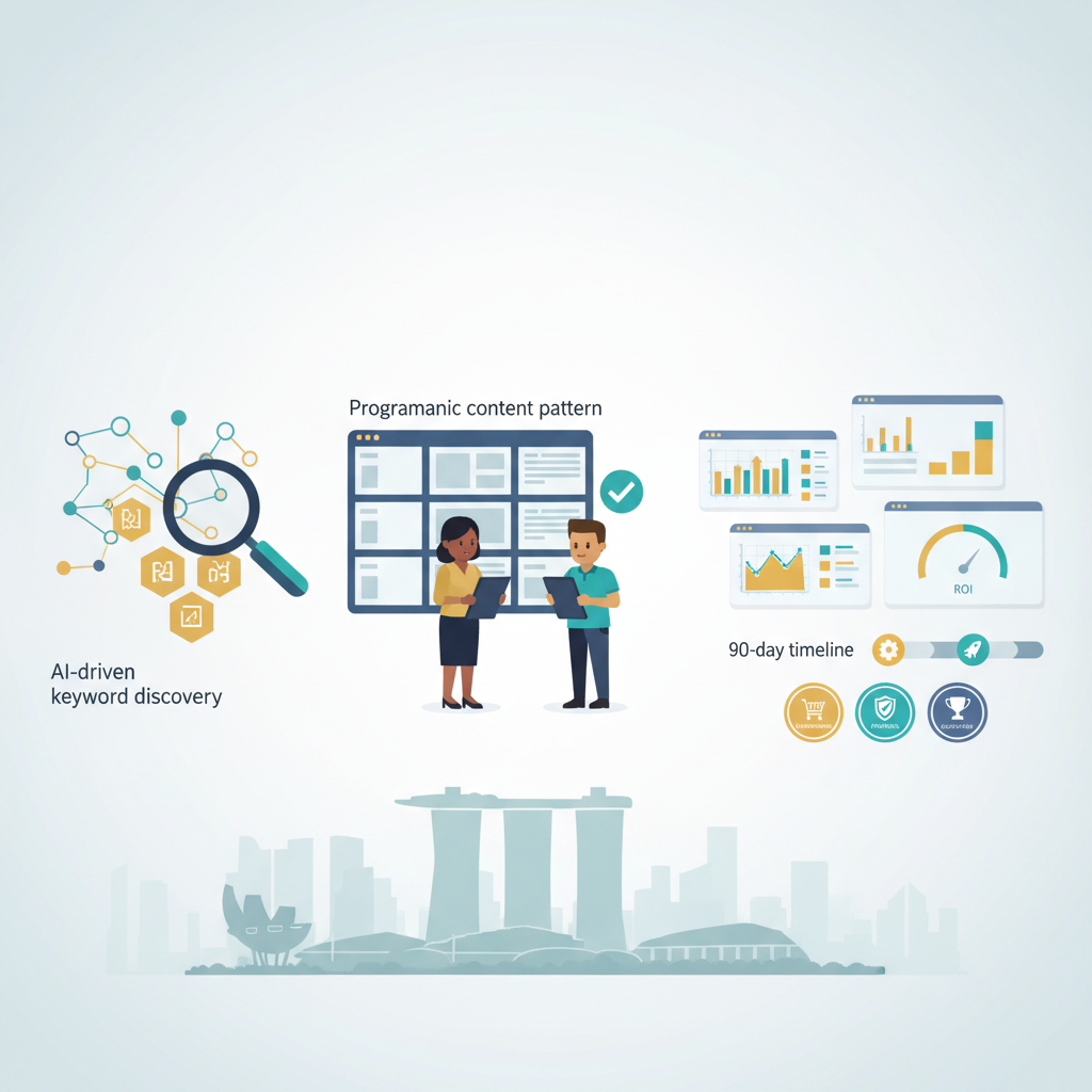 AI-driven content operations header featuring Singapore skyline, AI keyword nodes, editorial workflows, programmatic templates, and KPI dashboards
