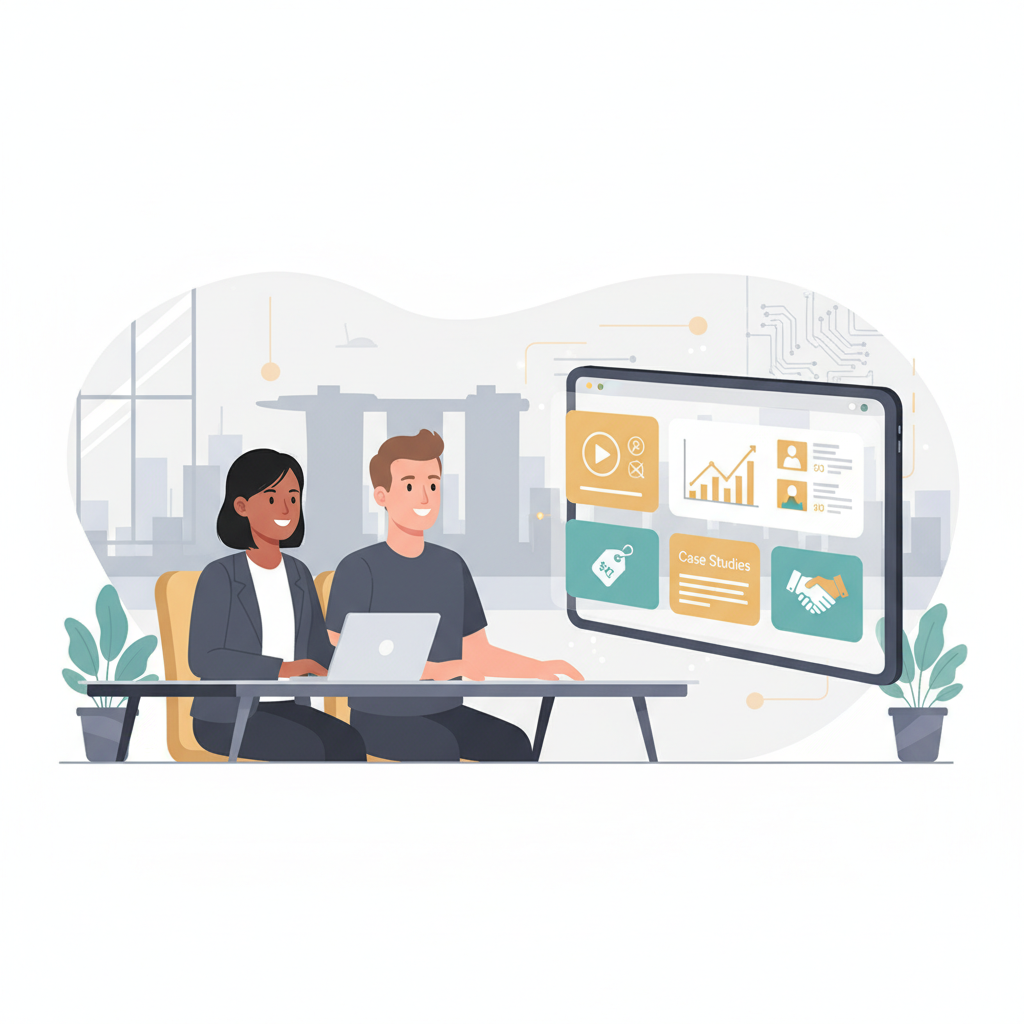 How to Choose the Right Social Media Marketing Agency in 2026 — header image showing a modern, strategic, tech-enabled collaboration scene with two professionals, data cards for Services/Pricing/Proof/Fit, subtle Singapore skyline, and teal/gold accents