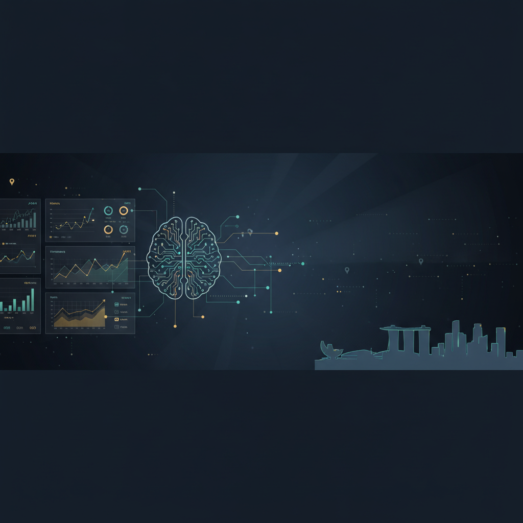 AI marketing blog header showing abstract AI circuitry, data dashboards, and a subtle Singapore skyline in teal and gold tones
