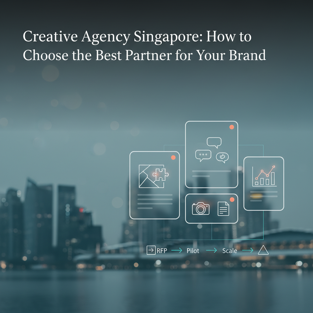 Premium 16:9 blog header — Marina Bay skyline with UI overlays representing brand strategy, social media, content creation and KPI charts; title Creative Agency Singapore: How to Choose the Best Partner for Your Brand