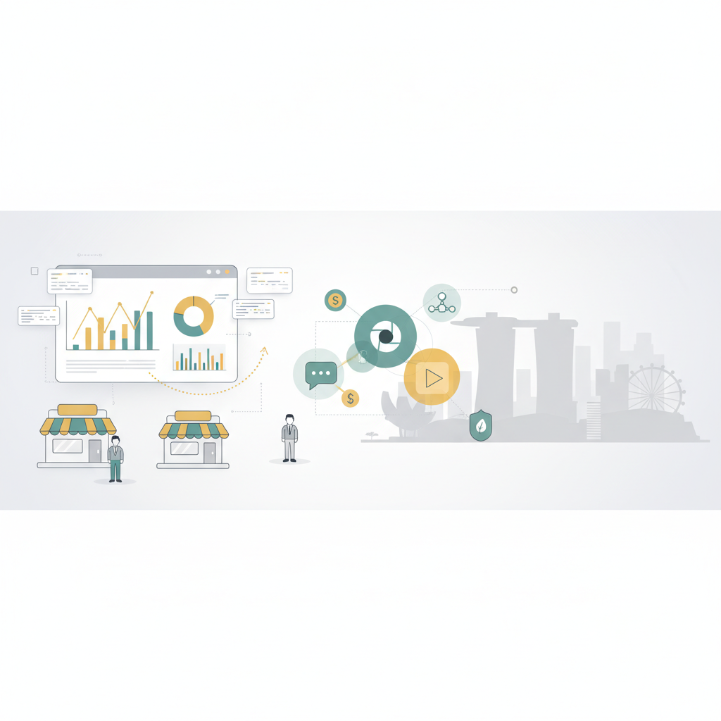 Data-driven social media marketing strategy in Singapore for SMEs with analytics dashboards, social media icons, and Singapore skyline