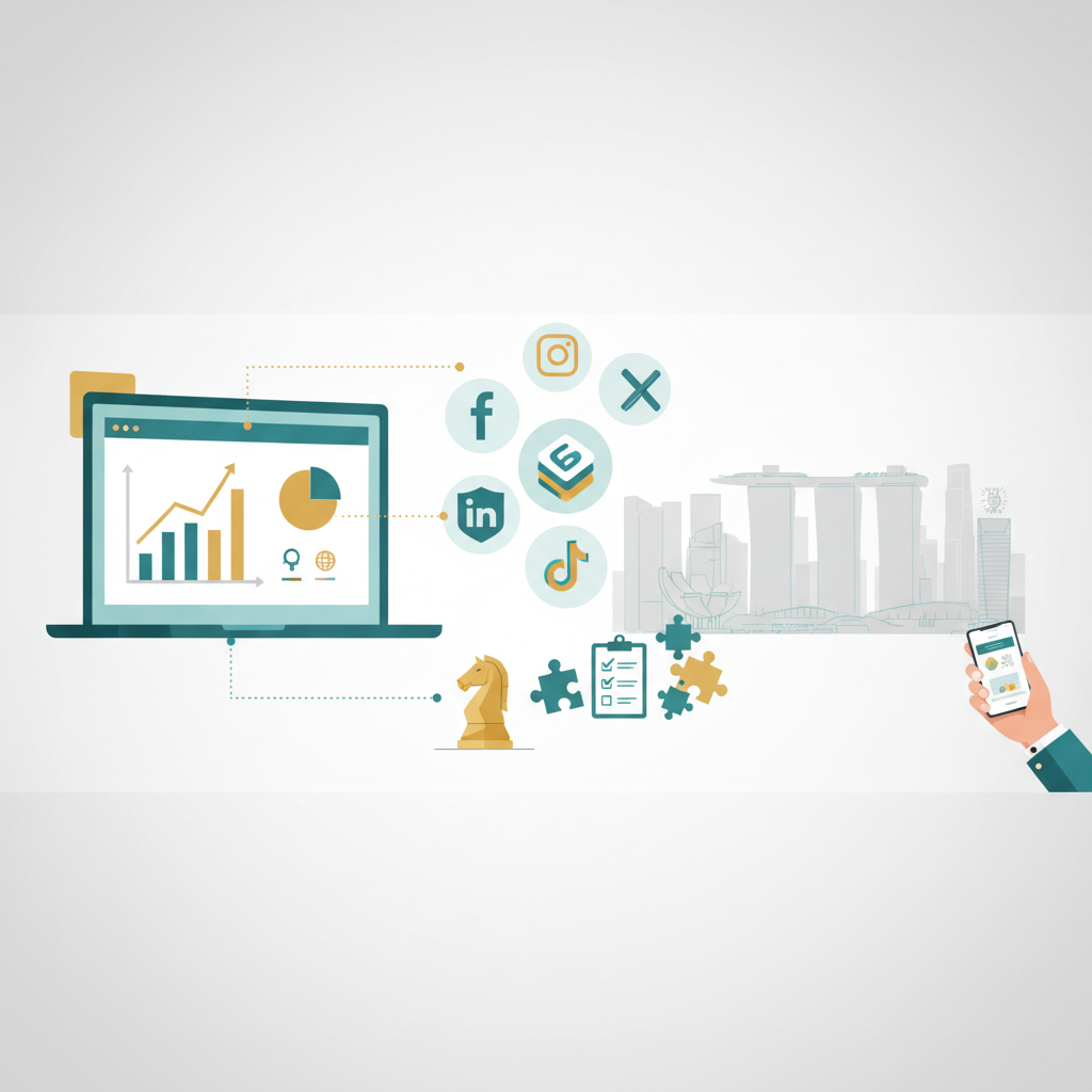 Header image showing a modern analytics dashboard, floating social media icons, and a subtle Singapore skyline in a clean, professional flat-vector style with gold and teal accents.
