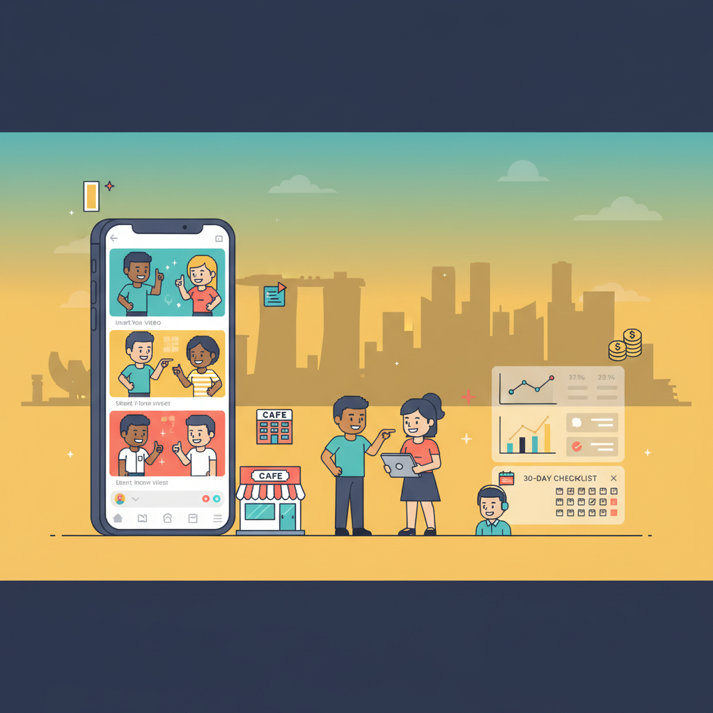 Header image for TikTok marketing Singapore playbook — Singapore skyline, smartphone with short-form video thumbnails, creators collaborating, analytics dashboard