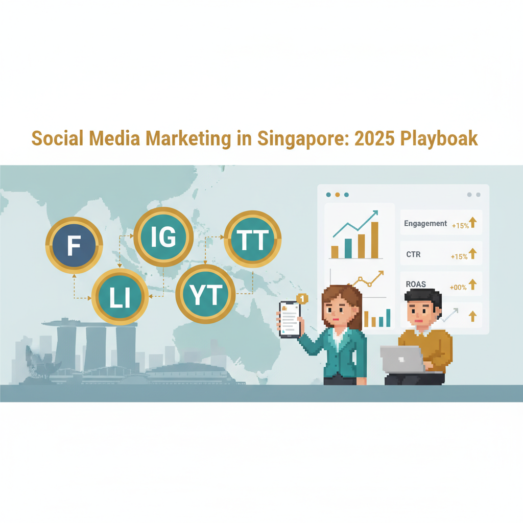Social media marketing in Singapore 2025 playbook header image with Singapore skyline, social platform icons and analytics visuals