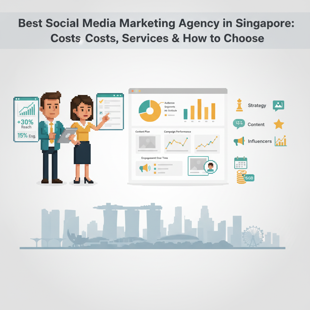 Best Social Media Marketing Agency in Singapore – professional header image showing social media dashboards and marketers collaborating in a modern Singapore office
