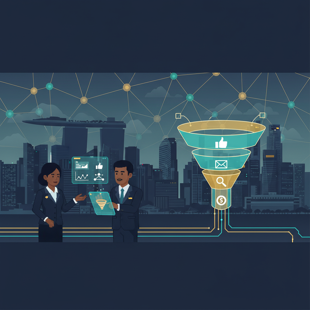 Singapore skyline with abstract AI neural network and marketing funnel visuals representing AI marketing in Singapore