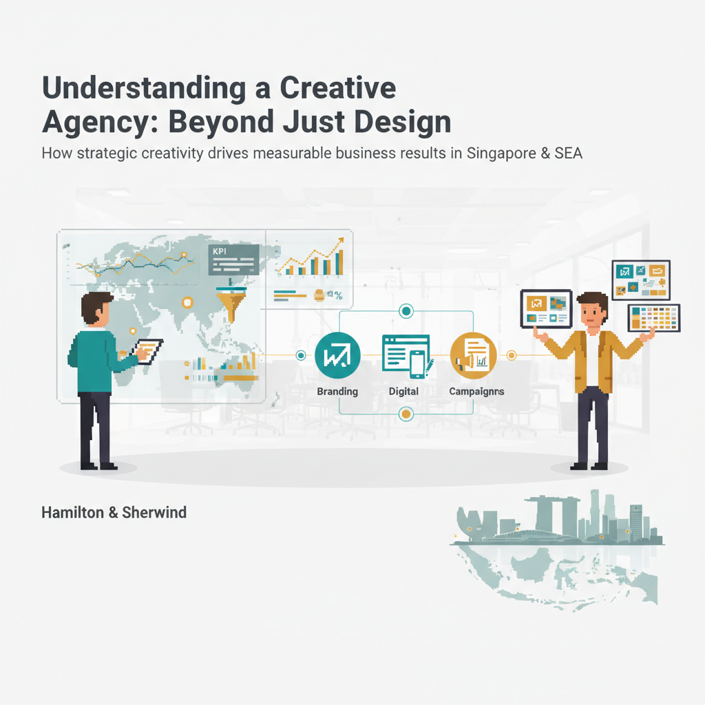 Understanding a Creative Agency – professional B2B header illustration showing strategist and creative director with integrated branding, digital, content and campaign icons over a subtle Singapore skyline