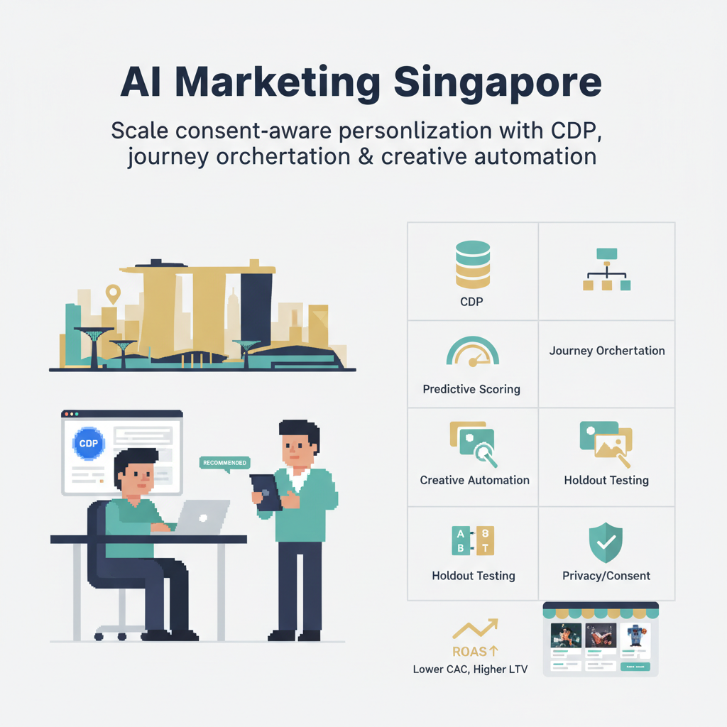 AI Marketing Singapore header — marketers with Singapore skyline and AI icons for CDP, orchestration, predictive scoring, creative automation, and privacy