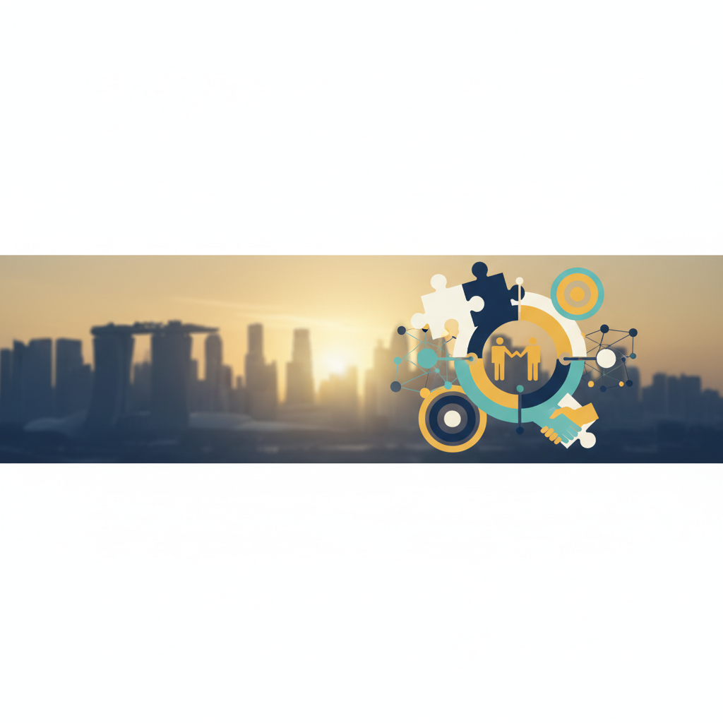 abstract illustration of strategy and partnership for choosing a branding agency in Singapore with subtle city skyline