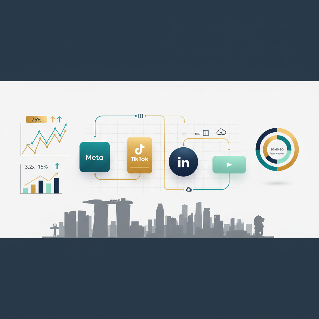 Singapore social media advertising playbook header with modern skyline, abstract platform glyphs, and data-driven charts