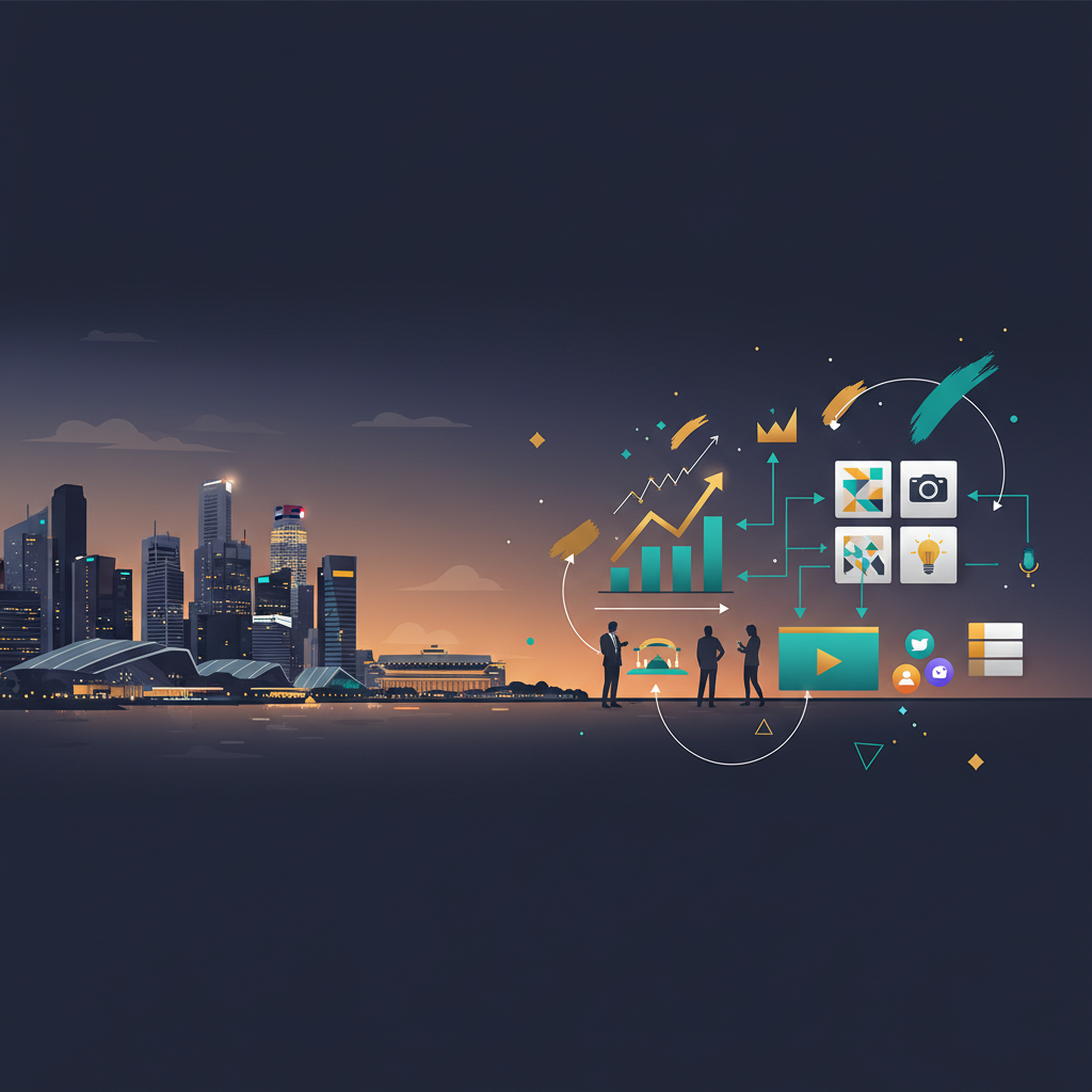 Creative marketing agency in Singapore concept with skyline and abstract data visuals
