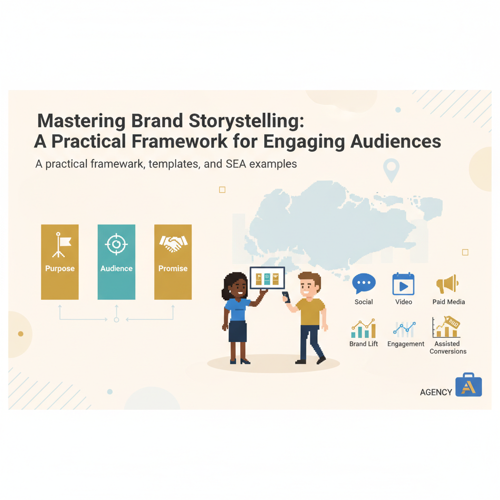 Mastering Brand Storytelling: A Practical Framework for Engaging Audiences header image showing purpose, audience, promise and SEA channels